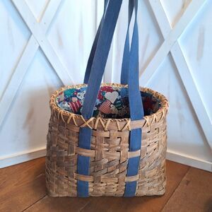 Large Vintage Woven Market Basket Tote with Heart Fabric Lining & Fabric Handles